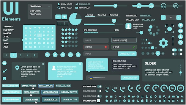 A modern UI kit featuring a collection of buttons icons navigation menus and responsive design elements Includes login forms media players search bars and calendars ideal for apps websites