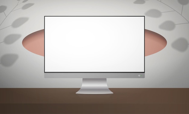 a monitor with a white screen stands on a wooden table white room with stylish design ready banner for your advertisement vector illustration realistic style