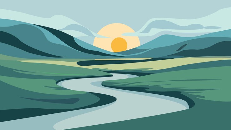 Vektor a painting of a river with a sunset in the background
