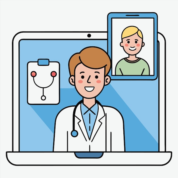 a picture of a doctor with a man in a lab coat on the screen