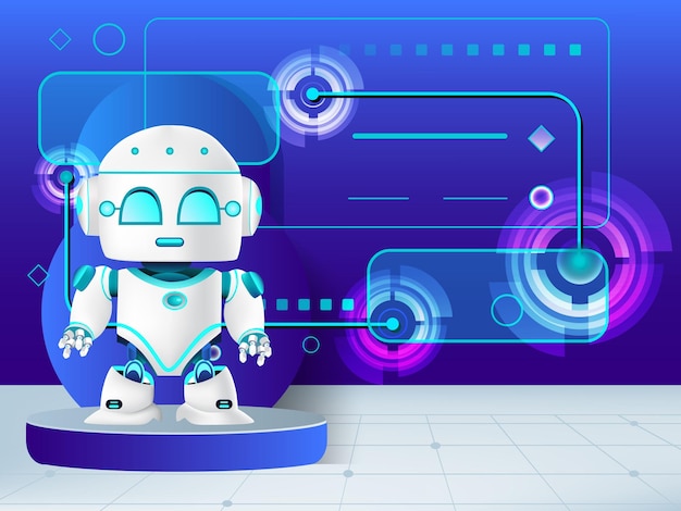 a robot standing on a pedestal in front of a blue wall with circles and the words robot on it.