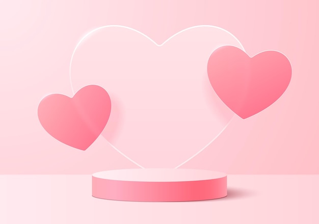 A round podium on a soft pink background with translucent hearts