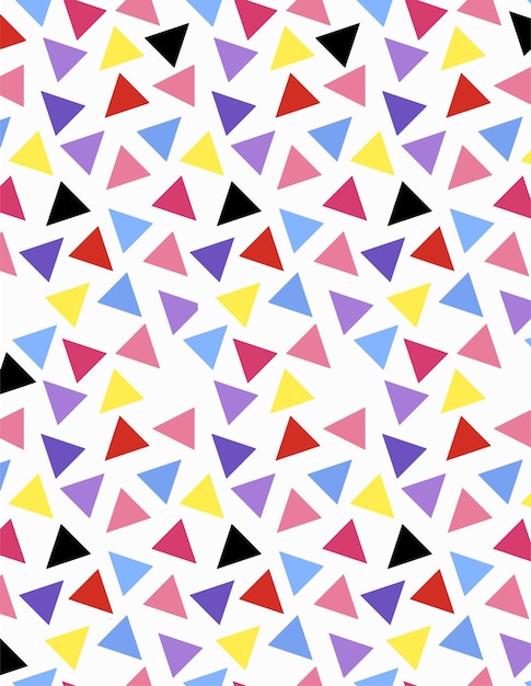 A seamless pattern of various colorful triangles on a white background