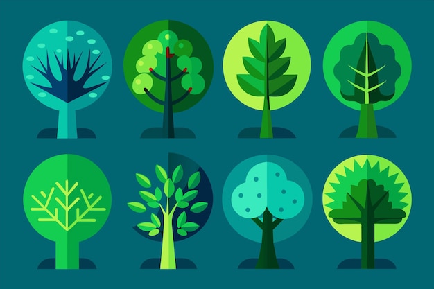 a series of different trees with different colors and shapes