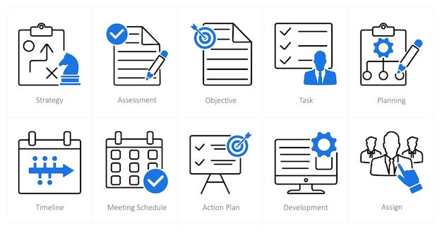 A set of 10 Action Plan icons as strategy assessment objective