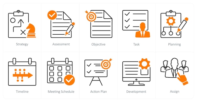 A set of 10 Action Plan icons as strategy assessment objective