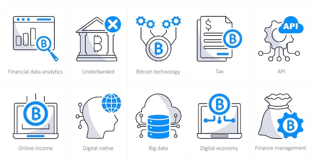a set of 10 bitcoin icons as financial data analytics underbanked bitcoin technology