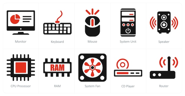 a set of 10 computer parts icons as monitor keyboard mouse
