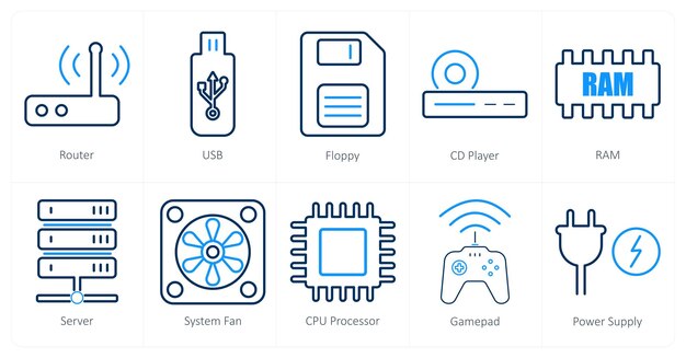 A set of 10 computer parts icons as router usb floppy