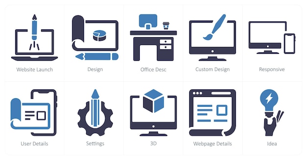 A set of 10 design and creativity icons as website launch design office desc custom design