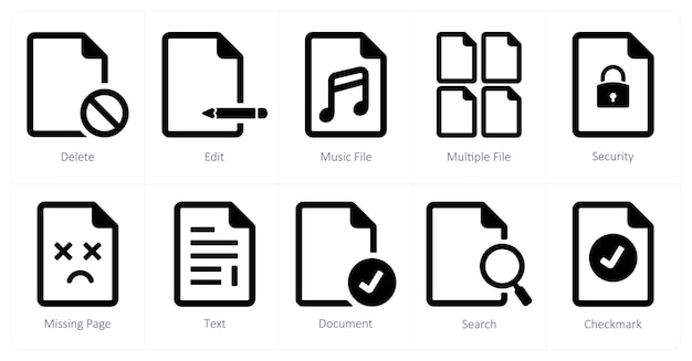 a set of 10 file icons as delete edit music file