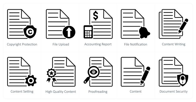 A set of 10 seo icons as copyright protection file upload accounting report