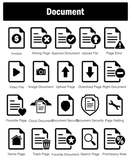 A set of 20 Document icons as invoice wrong page approve document
