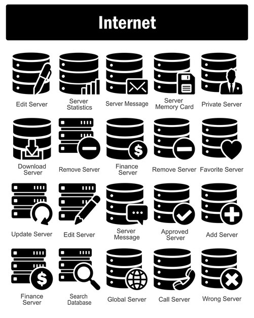 a set of 20 internet icons as edit server server statistics server message