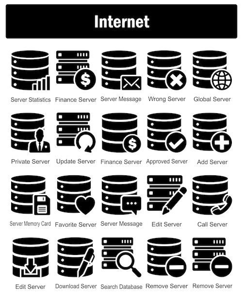 a set of 20 internet icons as server statistics finance server server message