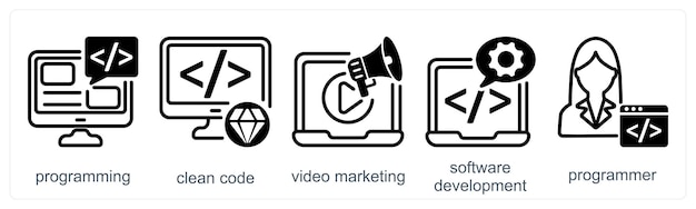 A set of 5 business icons as programming clean code video marketing
