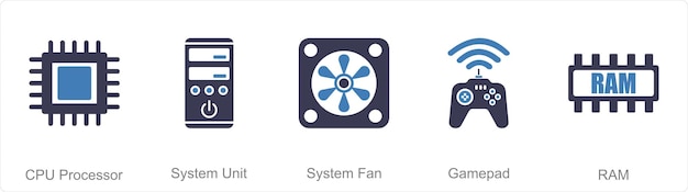 a set of 5 computer parts icons as cpu processor system unit system fan