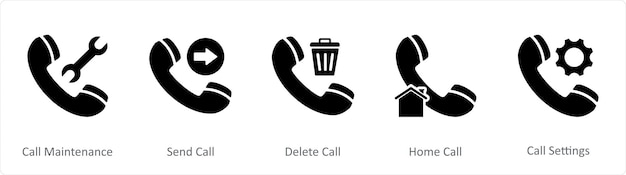 A set of 5 Contact icons as call maintenance send call delete call