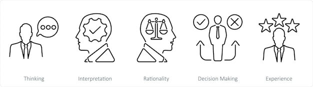 A set of 5 Critical Thinking icons as thinking interpretation rationality