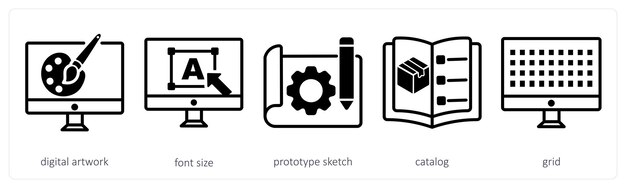 A set of 5 design icons as digital artwork font size prototype sketch
