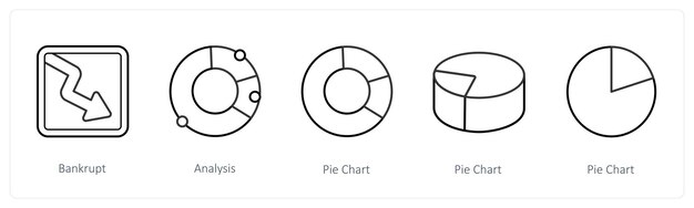 A set of 5 diagram and report icons such as bankrupt analysis pie chart