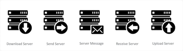 a set of 5 internet icons as download server send server server message