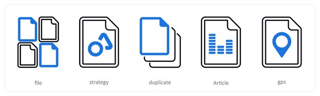 A set of 5 mix icons as file strategy duplicate