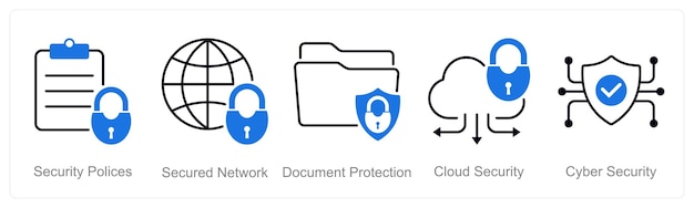 A set of 5 security icons as security policies secured network document protection
