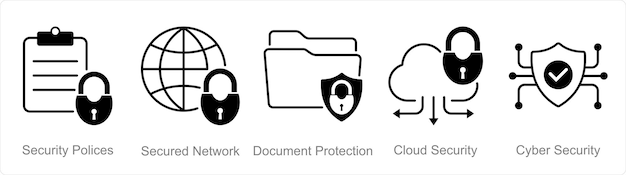A set of 5 security icons as security policies secured network document protection
