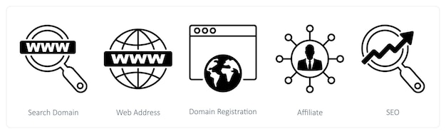 a set of 5 seo icons as search domain web address domain registration
