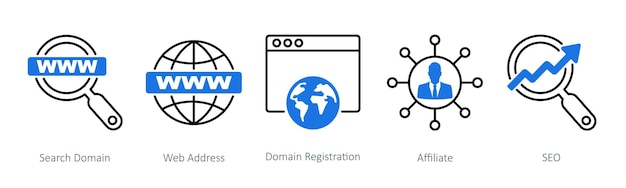 a set of 5 seo icons as search domain web address domain registration