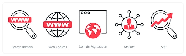 a set of 5 seo icons as search domain web address domain registration