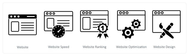 a set of 5 seo icons as website webiste speed website ranking