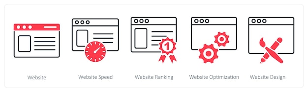 a set of 5 seo icons as website webiste speed website ranking