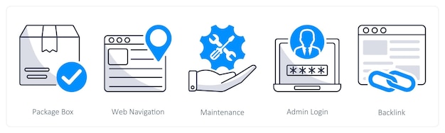 A set of 5 web design icons as package box web navigation maintenance