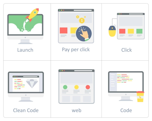 A set of 6 seo and web developemnt icons as clean code webpage code website launch