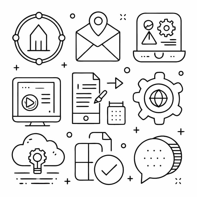 A set of black and white line icons representing various business and technology concepts