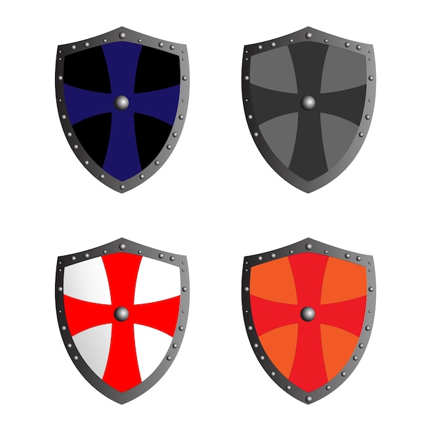 a set of different colored shields with different colors and a cross on them