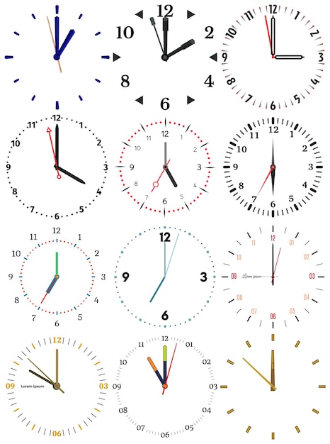 A set of different mechanical clocks with an image of each of the twelve hours Clock face on white backgroundxA