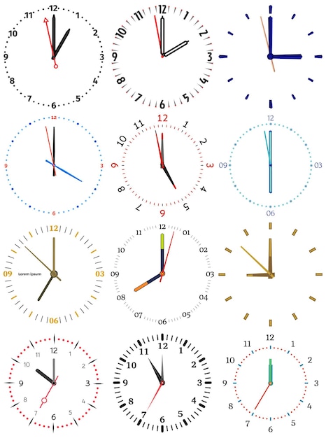 A set of different mechanical clocks with an image of each of the twelve hours Clock face on white backgroundxA