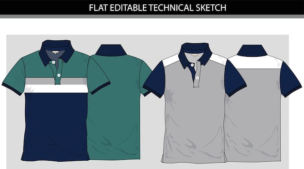 A set of different shirts with different colors and the words flat editable technical sketch.