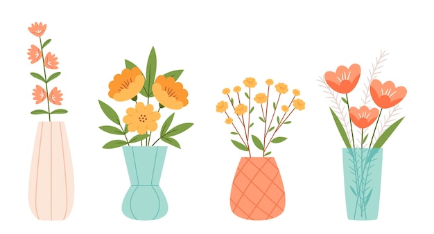 a set of different vases with bouquets blooming spring flowers in elegant ceramic vases
