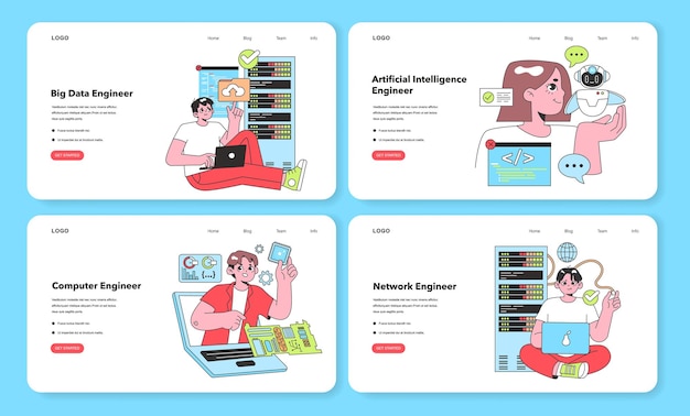 a set of vibrant vector illustrations showcasing it professionals a big data engineer with analytics