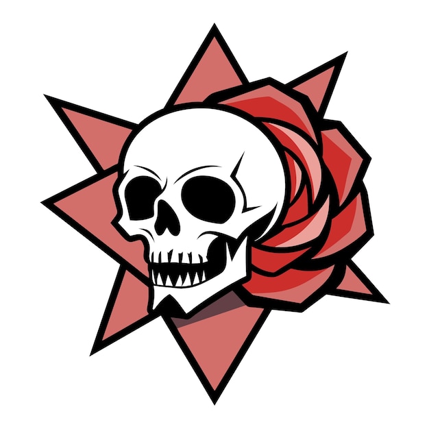 a skull with a red rose on it and a pink flower in the middle