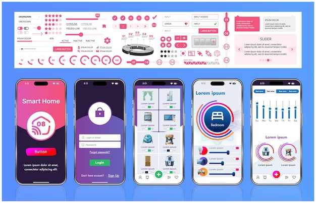 A sleek smart home application interface template featuring modern icons and a gradient design