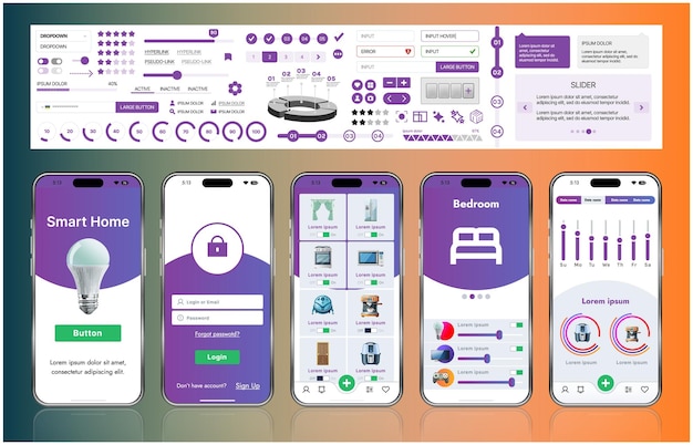 A sleek smart home application interface template featuring modern icons and a gradient design