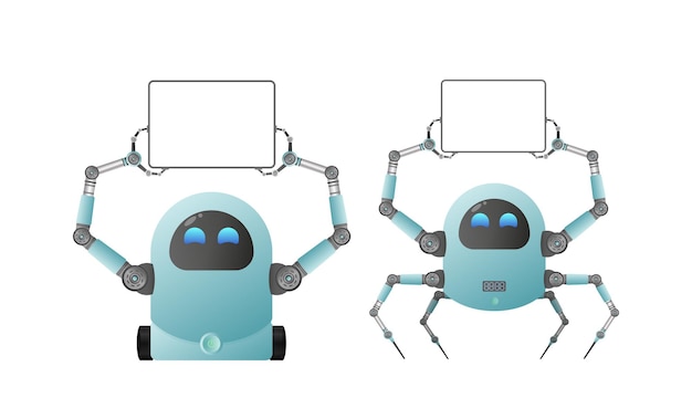a small futuristic robot holds a white sign with space for text. isolated. vector.