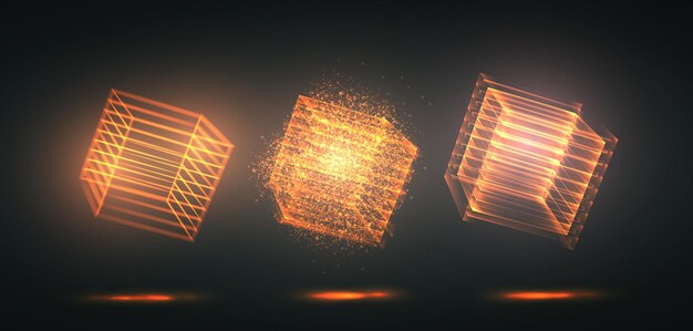 A three-dimensional cube of luminous lines. abstract vector set