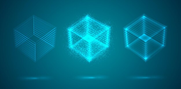 A three-dimensional cube of luminous lines. abstract vector set
