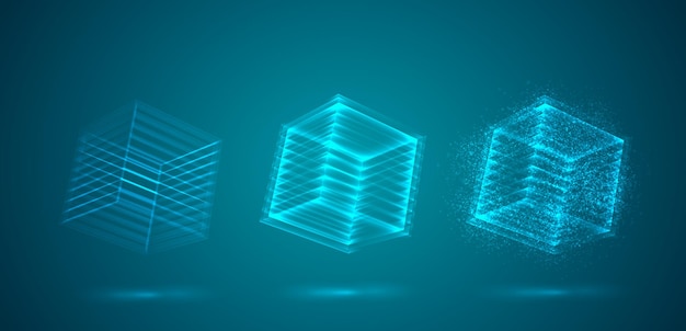 A three-dimensional cube of luminous lines. abstract vector set